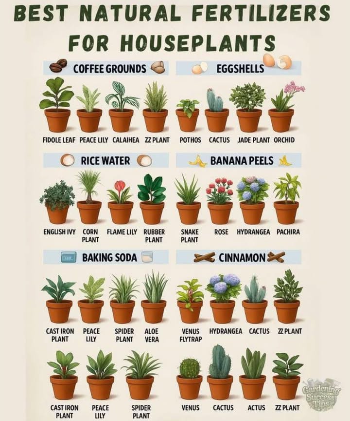 Grow a thriving indoor garden with everyday kitchen items! These natural fertilizers boost specific houseplants safely and sustainably. Use them wisely for healthy, vibrant growth. Heres how:

1. Coffee Grounds: Perfect for fiddle leaf figs, peace lilies, and calatheas. They add a touch of nitrogen and loosen soil. Sprinkle used grounds lightly on topsoil once a month. Less is moretoo much can harm roots.
2. Eggshells: Great for cacti, jade plants, and pothos. Packed with calcium, they strengthen roots. Clean, dry, and crush shells finely, then mix into soil. For orchids? Use sparingly to avoid clogging their bark mix.
3. Banana Peels: A treat for hydrangeas, roses, money trees, and snake plants. Rich in potassium, they spark blooms and vigor. Chop peels and bury them near roots. Simple and effective.
4. Cinnamon: Ideal for cacti, ZZ plants, and spider plants. Its antifungal power helps prevent rot. Dust a thin layer on soil to deter fungi and gnats. Think of it as a protective shield.
5. Baking Soda: Helpful for peace lilies, aloe, and cast iron plantsbut only as a spray. It fights fungal spots like powdery mildew. Mix a pinch with water, spray leaves lightly, and avoid soil to prevent sodium buildup.
6. Rice Water: Use cautiously for rubber plants, corn plants, or ivy. It offers mild nutrients. Dilute water from rinsing rice and apply once a month, max. Overdo it, and soil might get starchy.

Rotate these monthly, sparingly. Pair with proper light and water. Your plants will glowlush leaves, steady growth, happy roots!