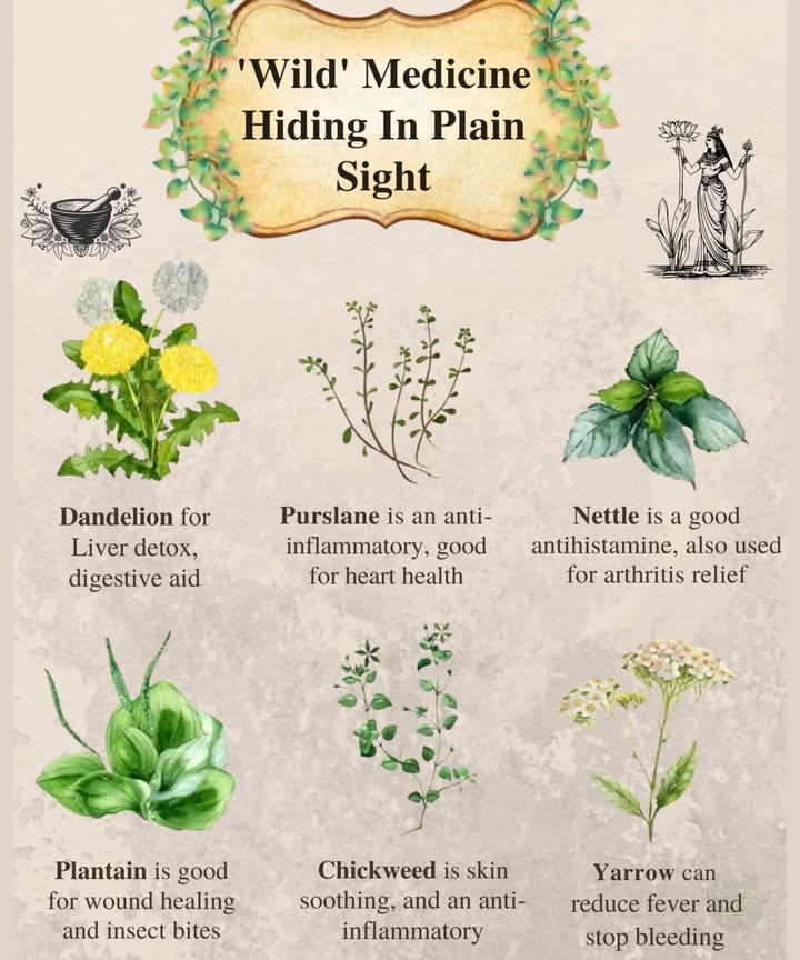 These wild plants often grow unnoticed, yet theyve been trusted for centuries in herbal medicine. Learning to recognize them means adding powerful allies to your natural first aid and wellness kit. 
1. Dandelion  Natural detox for liver and aids digestion.
2. Purslane  Anti-inflammatory and supports heart health.
3. Nettle  A natural antihistamine, also eases arthritis pain.
4. Plantain  Excellent for wound healing and soothing insect bites.
5. Chickweed  Calms skin irritation and helps reduce inflammation.
6. Yarrow  Reduces fever and helps stop bleeding.