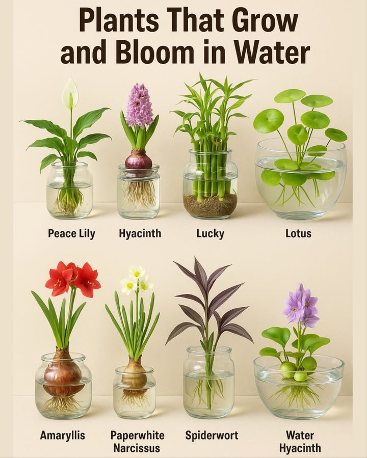 Plants That Grow and Bloom in Water 
 Peace Lily
 Graceful and air-purifying
Thrives in indirect light and fresh water. Adds a calm, elegant vibe to any room.

 Hyacinth
 Sweet-scented spring vibes
Place the bulb in a jar with the roots in water. Watch it bloom into a fragrant showstopper!

 Lucky Bamboo
 Feng Shui favorite
Grows easily in just water and pebbles. Symbol of prosperity and good energy.

 Lotus
 Spiritual and serene
Needs warm temperatures and sunlight. Its unique floating leaves and blooms create a zen-like feel.

 Amaryllis
 Bold and beautiful
Produces large, vibrant flowers from a single bulb in water. A winter showpiece!

 Paperwhite Narcissus
 Delicate and fragrant
Simple to grow in glass containers. Brightens up windowsills during cold months.

 Spiderwort
 Trendy and low-maintenance
Easy to grow in water. Its purple leaves add color and texture to your plant shelf.

 Water Hyacinth
 Tropical and vibrant
Floats directly on water surfaces. Known for its lush leaves and striking lavender flowers.

 Tips for Growing in Water:

Use clear containers to enjoy the roots.
Change water every 57 days.
Use filtered or distilled water if possible.
Place near bright, indirect sunlight.
