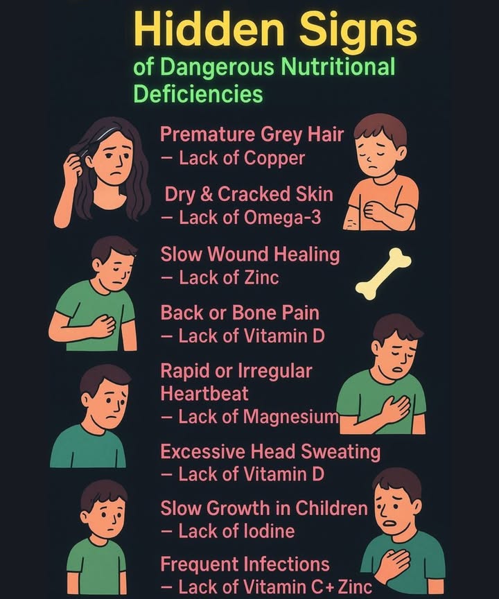 類 Hidden Signs of Dangerous Nutritional Deficiencies! 類
1. Premature Grey Hair  Could indicate a lack of Copper .

2. Dry & Cracked Skin  Often a sign of insufficient Omega-3 fatty acids .

3. Slow Wound Healing 啕 Might point to a lack of Zinc .

4. Back or Bone Pain 領 A common indicator of Vitamin D deficiency .

5. Rapid or Irregular Heartbeat  Can be linked to a lack of Magnesium .

6. Excessive Head Sweating  Another potential sign of low Vitamin D levels .

7. Slow Growth in Children 戮 May suggest a deficiency in Iodine .

8. Frequent Infections 裸蠟 Could mean you need more Vitamin C  Zinc .
