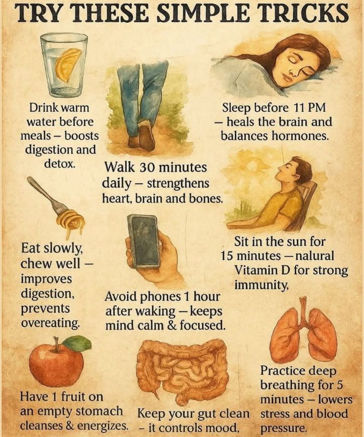 Try These Simple Tricks for a Healthier You!

 Drink Warm Water Before Meals
Boost your digestion and detox by sipping warm water before eating. Its a simple step for a better belly!

 Walk 30 Minutes Daily
Strengthen your heart, brain, and bones with a daily walk. Its a small habit that makes a big difference in your health!

 Sleep Before 11 PM
Getting enough sleep heals your brain and balances hormones. Prioritize rest for a refreshed mind and body.

 Eat Slowly, Chew Well
Improve digestion and prevent overeating by taking your time while eating. Chewing well helps your body absorb nutrients better.

 Avoid Phones 1 Hour After Waking
Keep your mind calm and focused by starting your day without screens. Its a peaceful way to wake up!

 Sit in the Sun for 15 Minutes
Get a natural Vitamin D boost by soaking up some sun. Its great for building a strong immune system!

陋 Have 1 Fruit on an Empty Stomach
Energize and cleanse your body by eating fruit first thing in the morning.

 Keep Your Gut Clean
A healthy gut controls mood and digestion. Look after it for overall well-being!

律 Practice Deep Breathing for 5 Minutes
Lower stress and blood pressure by practicing deep breathing. A calm mind equals a happy life!