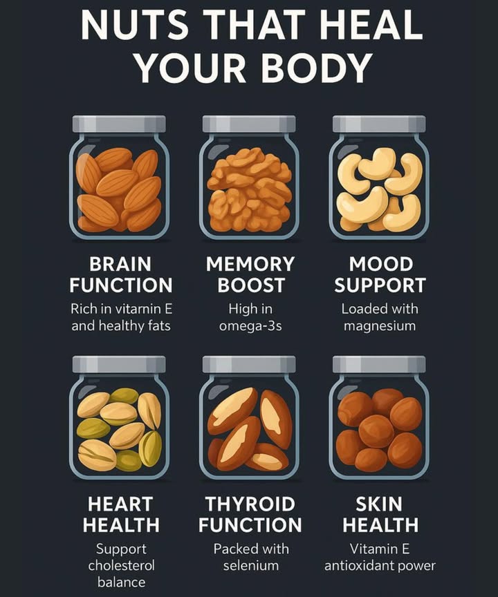 Nuts That Heal Your Body 
易 Brain Function

Best Nut: Almonds

Rich in Vitamin E

Packed with healthy fats
 Supports focus and mental sharpness

 Memory Boost

Best Nut: Walnuts

High in Omega-3s
 Enhances memory & brain performance

 Mood Support

Best Nut: Cashews

Loaded with magnesium
 Helps reduce stress & balance mood

 Heart Health

Best Nut: Pistachios

Support cholesterol balance
 Boosts heart and blood vessel health

 Thyroid Function

Best Nut: Brazil Nuts

Packed with selenium
 Regulates thyroid & hormone balance

 Skin Health

Best Nut: Hazelnuts

Rich in Vitamin E antioxidants
 Protects and nourishes your skin

 Tip: Mix different nuts into your snacks, smoothies, or salads for a complete wellness boost!