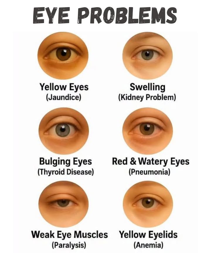 Eye Problems to Watch Out For!

 Yellow Eyes Jaundice
If you notice a yellowish tint in the whites of your eyes, it could be a sign of jaundice, often linked to liver issues. Its important to see a doctor for further tests.

 Swelling Kidney Problem
Swelling around the eyes, especially in the morning, could indicate kidney problems. Keep an eye out for other symptoms and consult your healthcare provider.

 Bulging Eyes Thyroid Disease
Bulging or protruding eyes can be a symptom of thyroid disease, like hyperthyroidism. If you experience this, its crucial to get your thyroid function checked.

 Red & Watery Eyes Pneumonia
If your eyes become red and watery along with other respiratory symptoms, it could be a sign of pneumonia. Seek medical attention to prevent further complications.

 Weak Eye Muscles Paralysis
A sudden weakness in the muscles around the eyes can be linked to paralysis conditions, like Bells palsy. If you experience this, immediate medical attention is advised.

 Yellow Eyelids Anemia
Yellowing of the eyelids can indicate anemia, a condition where you dont have enough healthy red blood cells. Ensure youre getting proper nutrition and seek medical advice if you notice this.

 Your eyes can reveal a lot about your health. Pay attention to any changes and consult a healthcare provider if you notice any of these signs.