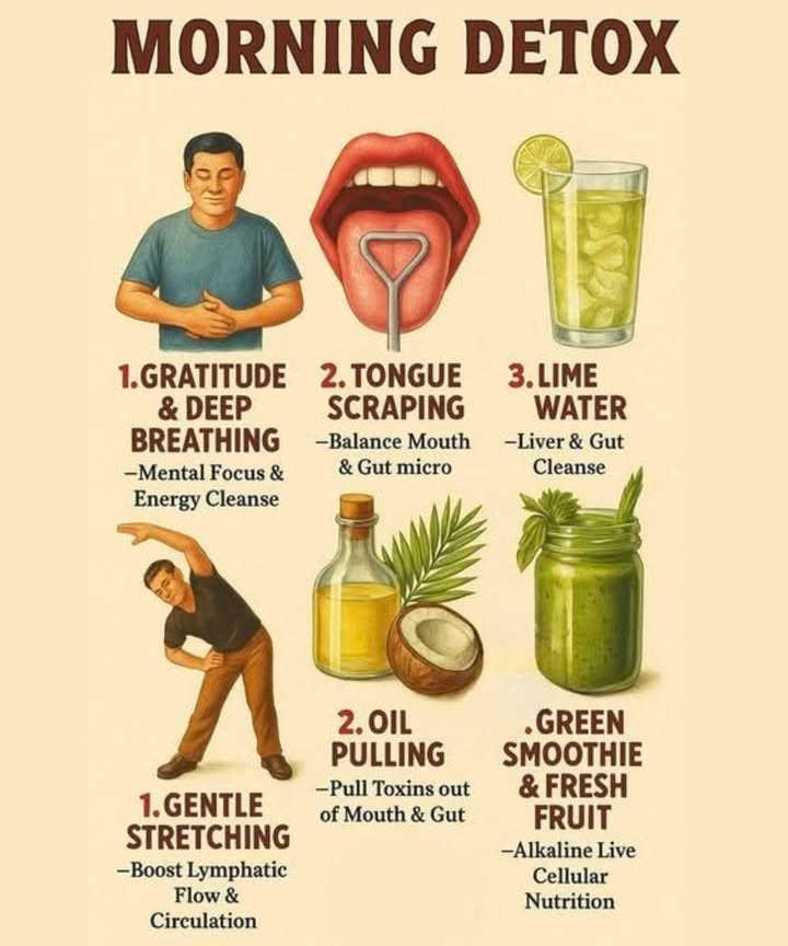 Morning Detox Rituals Youll Love!
 1. Gratitude & Deep Breathing
 Why: Clears your mind, boosts energy, and sets a positive tone.
 Tip: Breathe in calm, breathe out stress. Even 23 minutes can shift your day.

 2. Tongue Scraping
 Why: Removes toxins & balances oral and gut bacteria.
 Tip: Use a metal scraper before brushing your teethdaily consistency is key!

 3. Lime Water
 Why: Flushes the liver and supports digestion.
 Tip: Squeeze fresh lime into warm water and sip on an empty stomach.

露 4. Gentle Stretching
 Why: Stimulates circulation & lymphatic drainage.
 Tip: 510 mins of light movement gets energy flowingtry side bends, twists, and cat-cow.

便 5. Oil Pulling
 Why: Detoxifies the mouth and digestive system.
 Tip: Swish 1 tbsp of coconut oil for 1015 minutes, then spit not in the sink!.

塞 6. Green Smoothie & Fresh Fruit
 Why: Delivers alkalizing, nutrient-rich fuel to your cells.
 Tip: Blend leafy greens, cucumber, fruit, and a splash of lemon for a refreshing boost.

 Bonus Tip:
Create a ritualnot a routine. These small daily practices can transform your health, energy, and mood. Start slow, stay consistent