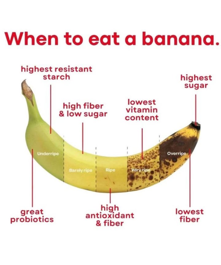 When to Eat a Banana  Health Benefits by Ripeness 

 The stage of ripeness changes nutrition. Heres what each stage offers:

 Underripe  Highest resistant starch, great probiotics

 Barely Ripe  High fiber & low sugar

 Ripe  Best balance with antioxidants & fiber

 Very Ripe brown spots  Lower vitamins but still tasty

癩 Overripe  Highest sugar, lowest fiber

 Tip: Choose your banana stage based on your health goalsenergy, digestion, or antioxidants!