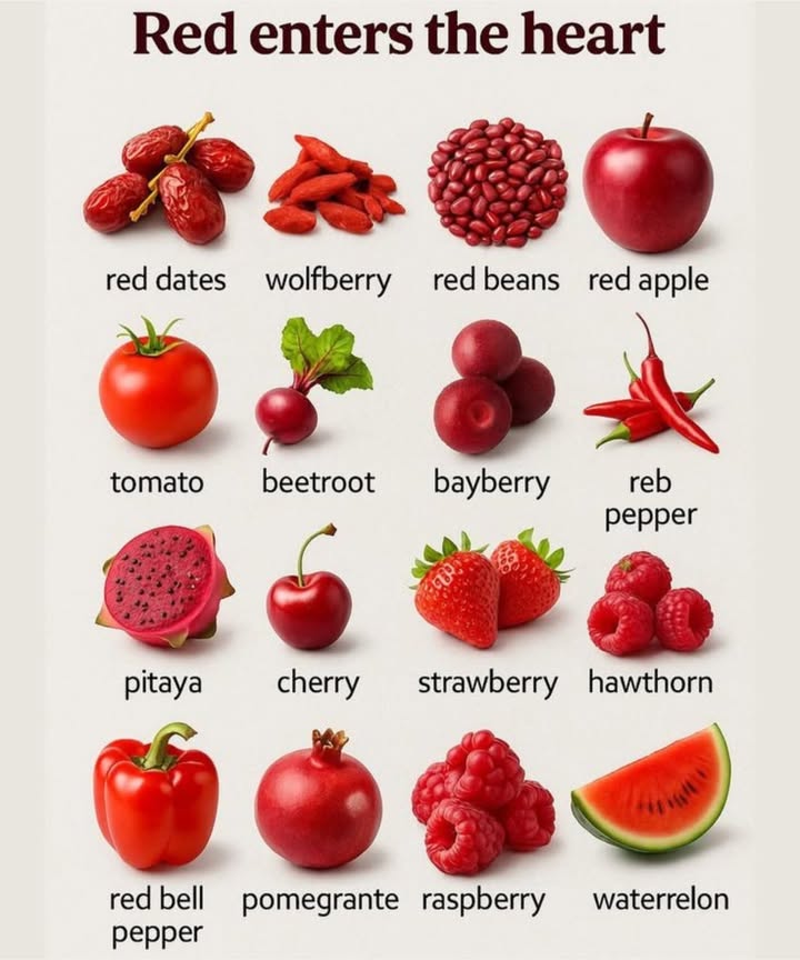 Red Foods That Boost Heart Health 變
 Red Apple  Rich in fiber and antioxidants, apples help lower cholesterol and blood pressure.

 Red Bell Pepper  High in vitamin C and beta-carotene to strengthen blood vessels and reduce oxidative stress.

 Tomato  Full of lycopene, a powerful antioxidant that protects against heart disease.

 Cherry  Anti-inflammatory and rich in potassium to regulate heart rhythm.

 Strawberry  Helps manage blood sugar and reduces LDL bad cholesterol.

 Watermelon  Contains citrulline, which boosts nitric oxide for improved blood flow.

塞 Beetroot  Increases nitric oxide levels, helping relax blood vessels and reduce blood pressure.

 Red Pepper  Capsaicin helps improve circulation and may lower cholesterol.

 Red Beans  A heart-friendly source of protein, fiber, and folate.

𢡄 Raspberry & Hawthorn  Promote healthy arteries and reduce heart strain.

 Bayberry & Wolfberry Goji  Traditional tonics that improve circulation and immune health.

 Red Dates  Boost energy, blood flow, and are often used in traditional medicine for heart support.

 Pitaya Dragon Fruit  Packed with antioxidants that reduce inflammation and cholesterol.

 Pomegranate  Supports artery health and reduces blood pressure.

 “Red enters the heart”  and heals it from the inside out.