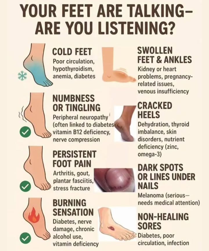 Your Feet Are Talking
 Cold Feet
What it could mean:
Poor circulation
Hypothyroidism
Anemia
Diabetes

If your feet feel cold even in warm environments, it might be a sign of underlying health concerns. Poor circulation or thyroid issues could be to blame, so its important to take action!

 Swollen Feet & Ankles
What it could mean:
Kidney or heart problems
Pregnancy-related issues
Venous insufficiency

Swelling can be a normal part of pregnancy, but if youre not expecting, swollen feet or ankles could signal kidney, heart, or circulation problems that require attention.

 Numbness or Tingling
What it could mean:
Peripheral neuropathy often linked to diabetes
Vitamin B12 deficiency
Nerve compression

If you experience numbness or tingling in your feet, it could be linked to nerve damage or deficiencies, often related to diabetes. Dont ignore these sensationsthey may need medical attention.

 Persistent Foot Pain
What it could mean:
Arthritis
Gout
Plantar fasciitis
Stress fracture

Foot pain that doesnt go away may signal a variety of issues, from arthritis to more serious conditions like gout. Persistent pain should be evaluated by a healthcare professional.

 Burning Sensation
What it could mean:
Diabetes
Nerve damage
Chronic alcohol use
Vitamin deficiency

A burning sensation in your feet can be a sign of nerve damage, often related to diabetes or vitamin deficiencies. Be sure to talk to your doctor about any unusual symptoms.

 Cracked Heels
What it could mean:
Dehydration
Thyroid imbalance
Skin disorders
Nutrient deficiency Zinc, Omega-3

Cracked heels arent just cosmetic; they can indicate dehydration or even thyroid issues. Take care of your skin and consider your nutrition if you notice this problem.

 Dark Spots or Lines Under Nails
What it could mean:
Melanoma serious, needs medical attention

Dark spots or lines under your toenails could be a sign of melanoma, a serious condition that requires immediate medical attention. Never ignore this!

 Non-Healing Sores
What it could mean:
Diabetes
Poor circulation
Infection

Sores that dont heal could indicate underlying health issues such as diabetes or poor circulation. Dont waitseek medical advice if this happens.