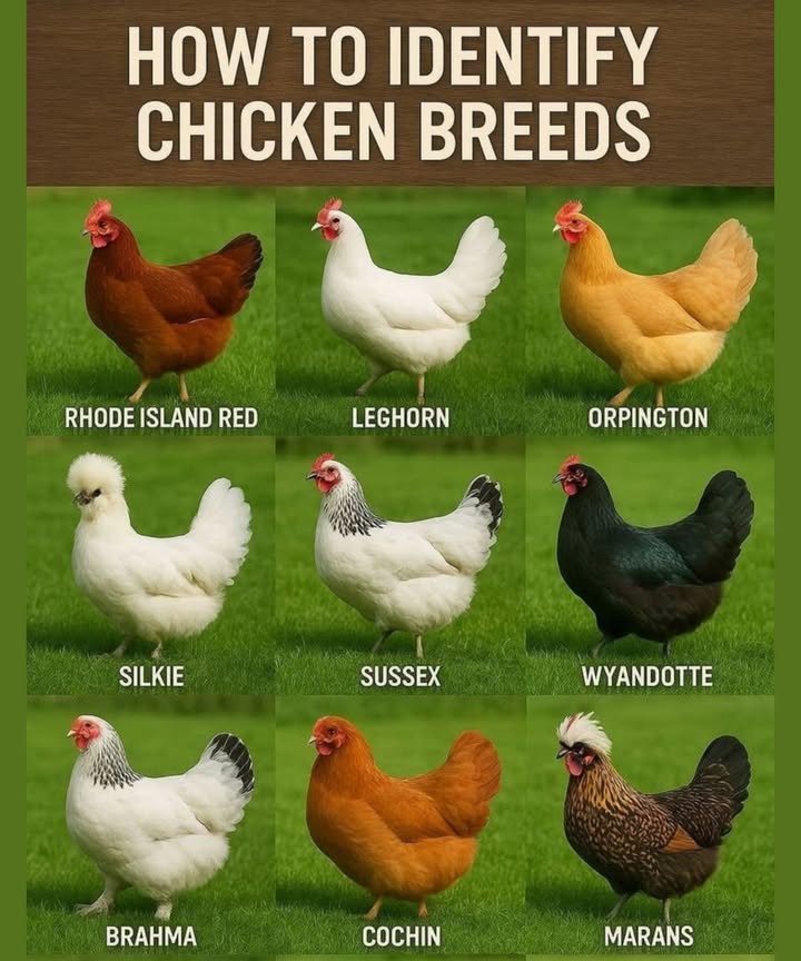 How to Identify Chicken Breeds!
 RHODE ISLAND RED
 Deep reddish-brown feathers
 Eggcellent brown egg layers
 Hardy & dependable

懶 LEGHORN
 Sleek white feathers
 White egg-laying machine!
 Active & alert

 ORPINGTON
 Buff-colored fluff balls
 Calm & cuddly
 Great for families and eggs!

 SILKIE
 Fluffy, hair-like feathers often white
 Gentle, broody, and super sweet
 The teddy bears of the chicken world

 SUSSEX
 Mottled black and white
 Curious, friendly, and great layers
 Adaptable to many climates

 WYANDOTTE
 Striking dark plumage with lacing
 Reliable brown egg layers
 Cold-hardy & calm

廉 BRAHMA
 Feathered legs & big build
 Docile giants with black & white elegance
 Great for cold climates

笠 COCHIN
 Ultra-fluffy with feathered feet
 Buff, black, or partridge colors
 Sweet & slow-moving

 MARANS
 Black and white with feathered legs
 Famous for deep, chocolate-brown eggs
 Chic & mysterious

 Beyond the Look…
Each breed brings something different to your flockegg color, temperament, climate tolerance, and more.
 Do your homework to find the perfect chicken match for your coop!