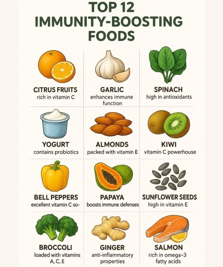 Top 12 Immunity-Boosting Foods 復龍
 1. Citrus Fruits  Rich in Vitamin C, they help fight infections.
 2. Garlic  Enhances immune function naturally.
 3. Spinach  Loaded with antioxidants to protect your body.
 4. Yogurt  Contains probiotics that support gut health.
 5. Almonds  Packed with Vitamin E for strong immunity.
 6. Kiwi  A Vitamin C powerhouse.
 7. Bell Peppers  Excellent source of Vitamin C, even more than oranges!
 8. Papaya  Boosts immune defenses with vitamins and enzymes.
 9. Sunflower Seeds  High in Vitamin E and essential nutrients.
 10. Broccoli  Loaded with Vitamins A, C & E for overall wellness.
 11. Ginger  Known for its powerful anti-inflammatory properties.
 12. Salmon  Rich in Omega-3 fatty acids for a stronger immune response.

 Tip: Mix these foods into your daily diet to naturally boost your immune system and stay healthy year-round!