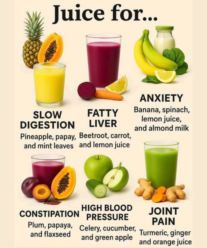 Juice Remedies for Common Health Issues
 Slow Digestion?

Juice This:
 Pineapple
 Papaya
 Mint leaves
This tropical blend helps break down food and ease bloating naturally.

 Fatty Liver Detox

Juice This:
 Beetroot
凌 Carrot
 Lemon juice
A liver-loving elixir rich in antioxidants and nutrients that support detoxification.

 Feeling Anxious?

Juice This:
 Banana
塞 Spinach
 Lemon juice
拏 Almond milk
A creamy, calming combo full of magnesium and B vitamins to ease your mind.

 Constipated?

Juice This:
 Plum
 Papaya
 Flaxseed
A fiber-rich blend to get things moving gently and effectively.

 High Blood Pressure?

Juice This:
塞 Celery
勒 Cucumber
 Green apple
Hydrating and heart-friendly, this green juice supports blood pressure regulation.

 Achy Joints?

Juice This:
 Turmeric
 Ginger
 Orange juice
This anti-inflammatory powerhouse blend helps soothe joint pain and stiffness.

 Sip your way to better health with these natural remedies! Pin this guide and keep it close the next time your body needs a little extra love.