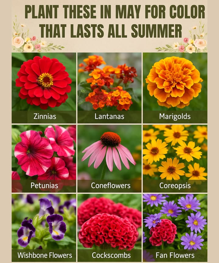Brighten Your Garden: Plant These in May for Color That Lasts All Summer
May is the magic month to plant bold, blooming beauties that will thrive all summer long! Whether youre a seasoned gardener or just getting started, these colorful picks are easy to grow and packed with charm.

 1. Zinnias  Low-maintenance, pollinator-friendly, and bursting with bold color.

 2. Lantanas  Heat-loving and drought-tolerant with multicolor blooms that never quit.

 3. Marigolds  Golden-orange glow and natural pest repellentgreat for veggie gardens!

 4. Petunias  Full sun stunners that cascade color from spring to fall.

 5. Coneflowers  Hardy perennials that attract butterflies, bees, and birds.

 6. Coreopsis  Sunny yellow blossoms that sway in the breeze and love the heat.

 7. Wishbone Flowers  Ideal for shade with vivid blues, purples, and whites.

 8. Cockscombs  Unique texture and vibrant reds make these a show-stopping favorite.

 9. Fan Flowers  Soft blues and purples that trail beautifully in baskets or pots.

 Final Tip:
Planting these in May = nonstop color, happy pollinators, and major curb appeal. Just water, sun, and a little loveyour summer garden will thank you!