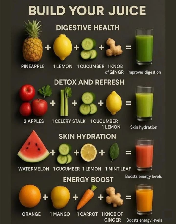 Build Your Own Power-Packed Juices! 磻
 For DIGESTIVE HEALTH Tummy Relief!
1 Pineapple  1 Lemon  1 Cucumber  1 Knob of Ginger
 Bromelain from pineapple  soothing ginger = happy digestion!

 For DETOX & REFRESH Total Cleanse!
2 Apples  1 Celery Stalk  1 Cucumber  1 Lemon
 Hydrating, cleansing, and perfect for flushing out toxins.

 For SKIN HYDRATION Glow Juice!
Watermelon  1 Cucumber  1 Lemon  1 Mint Leaf
 Ultra-hydrating  Vitamin C boost for radiant, glowing skin!

 For ENERGY BOOST Feel-Good Fuel!
Orange  1 Mango  1 Carrot  1 Knob of Ginger
凌 Natural sugars  vitamins = clean, lasting energy you can feel.

遼 Juicing Tips for Maximum Benefits:
 Use fresh, ripe produce
 Wash everything thoroughly
 Drink immediately to retain nutrients
 Adjust flavors to match your mood!