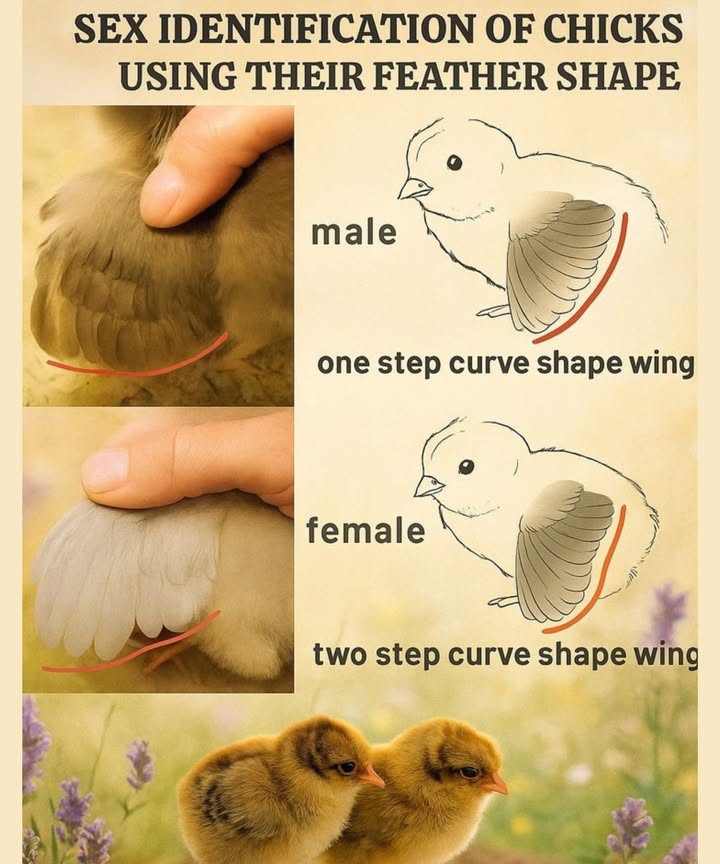 Sex Identification of Chicks Using Their Feather Shape 
 Male Chicks 

Wing Shape: A male chick has a one-step curve shape in their wing feathers.

Appearance: This shape is smoother and simpler.

 Female Chicks 

Wing Shape: A female chicks wing has a two-step curve shape.

Appearance: The wing feathers curve in a more distinct and layered way.

By simply observing the wing shape of your chicks, you can tell the difference between males and females!