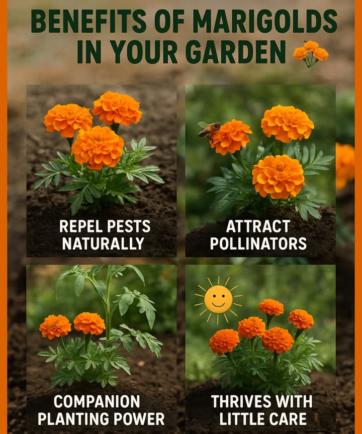 Benefits of Marigolds in Your Garden
Simple. Beautiful. Super Effective.

Add marigolds to your garden for these quick wins:

 Repel Pests  Naturally keeps bugs like aphids & nematodes away.

 Attract Pollinators  Bees & butterflies love them = more veggies!

 Great Companions  Boosts growth of tomatoes, beans & more.

 Low Maintenance  Easy to grow, drought-tolerant, and thrives with little care.
