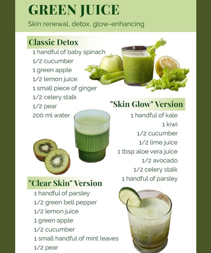 Green Juice Recipes for Radiant Skin 
 Classic Detox Juice
Perfect for a refreshing reset.
Ingredients:

1 handful of baby spinach

 cucumber

1 green apple

 lemon juice

1 small piece of ginger

 celery stalk

 pear

200 ml water

 Benefits: A cleansing mix to boost digestion, immunity, and skin clarity.

諾 “Skin Glow” Version
Rich in nutrients to boost your glow from the inside out!
Ingredients:

1 handful of kale

1 kiwi

 cucumber

 lime juice

1 tbsp aloe vera juice

 avocado

 celery stalk

1 handful of parsley

 Benefits: Packed with antioxidants, healthy fats, and vitamin C for radiant skin.

 “Clear Skin” Version
Say goodbye to breakouts and hello to clear, calm skin.
Ingredients:

1 handful of parsley

 green bell pepper

 lemon juice

1 green apple

 cucumber

1 small handful of mint leaves

 pear

 Benefits: Anti-inflammatory and detoxifying to fight blemishes and soothe irritation.

 Tips for Best Results:
Drink on an empty stomach in the morning.

Use fresh, organic ingredients.

Blend or juice  whatever works for your lifestyle!

遼 Glow Up, One Sip at a Time!
Pin your favorite and start your green juice journey today!