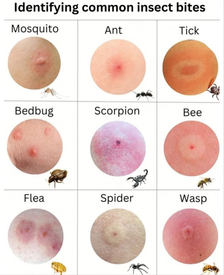 How to Identify Common Insect Bites
烈 Mosquito:
Small, puffy bump with red center
 Itchy, mild swelling

 Ant:
Red bump with center mark
 Burns or itches
 Fire ants may cause blisters

 Tick:
Red with dark center or bullseye
 May itch later
 Watch for rash, fever, fatigue

 Bedbug:
Red bumps in a line or cluster
 Itchy, appears overnight

廬 Scorpion:
Swollen red/purple with dark spot
 Pain, tingling, numbness
 Get help if symptoms worsen

 Bee:
Red bump with puncture mark
 Sharp pain, swelling
 Remove stinger & ice it

 Flea:
Tiny red clusters
 Very itchy
 Often on ankles/feet

 Spider:
Pale center, red outer ring
 Swelling, may ulcer
 Seek help for fever/chills

 Wasp:
Raised red welt
 Burning, pain
 Watch for allergic signs

 Call a Doctor If:
Trouble breathing

Swollen face/throat

Rash, dizziness

Pus or spreading redness

 Quick Care Tips
識 Wash with soap
 Use cold compress
 Apply anti-itch cream
喙 Watch for reactions