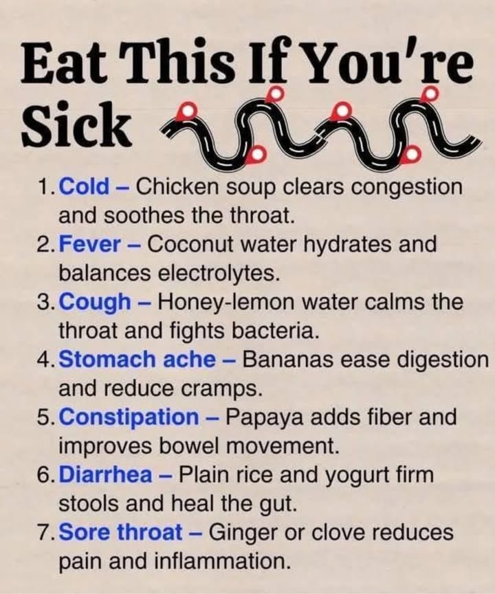裸 Feeling Under the Weather? Eat This If Youre Sick! 北
 1. Cold
Eat: Chicken soup
Why: Clears congestion and soothes a sore throat.

 2. Fever
Drink: Coconut water
Why: Rehydrates and restores lost electrolytes.

 3. Cough
Drink: Honey-lemon water
Why: Calms the throat and helps fight bacteria.

濫 4. Stomach Ache
Eat: Bananas
Why: Eases digestion and reduces cramps.

 5. Constipation
Eat: Papaya
Why: High in fiber and helps improve bowel movement.

 6. Diarrhea
Eat: Plain rice & yogurt
Why: Firms stools and helps heal the gut lining.

 7. Sore Throat
Eat: Ginger or clove
Why: Reduces inflammation and relieves pain.