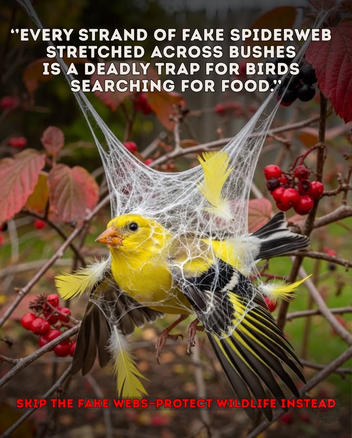 Skip the fake websprotect wildlife!   
Those spiderweb decorations trap birds, bees, and butterflies, leading to countless deaths each fall.  

 Opt for safer spooky decor:  
 Pumpkins  gourds  
 Dried corn stalks  
 Paper lanterns  
 Natural wreaths with autumn leaves  
Keep the magic alive without harming yard creatures.   

#WildlifeFriendly #EcoHalloween