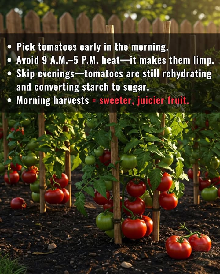 Heat Alert: When You Pick Matters for Perfect Tomatoes 

 Harvesting during the hottest hours 9 A.M.5 P.M. makes tomatoes limp or mushy
 Evening picking causes excess moisture and diluted flavor
 For peak sweetness and juiciness, pick early in the morning when theyre cool, fully hydrated, and sugar-rich