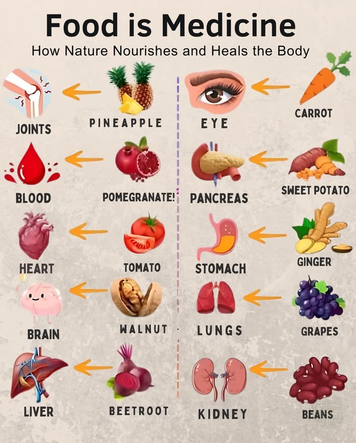Food is Medicine: How Nature Nourishes and Heals 

 Pineapple: Reduces inflammation and eases joint pain.  
 Pomegranate: Boosts blood flow and protects red blood cells.  
 Tomato: Packed with nutrients for a healthier heart.  
易 Walnut: High in omega-3s for better memory and focus.  
 Beetroot: Detoxes the liver and boosts circulation.  
凌 Carrot: Beta-carotene for sharp vision.  
 Sweet Potato: Regulates blood sugar and aids digestion.  
 Ginger: Soothes nausea and supports digestion.  
 Grapes: Protect lungs from toxins.  
齃 Kidney Beans: Support kidney health with fiber and minerals.  

Embrace natures healing!