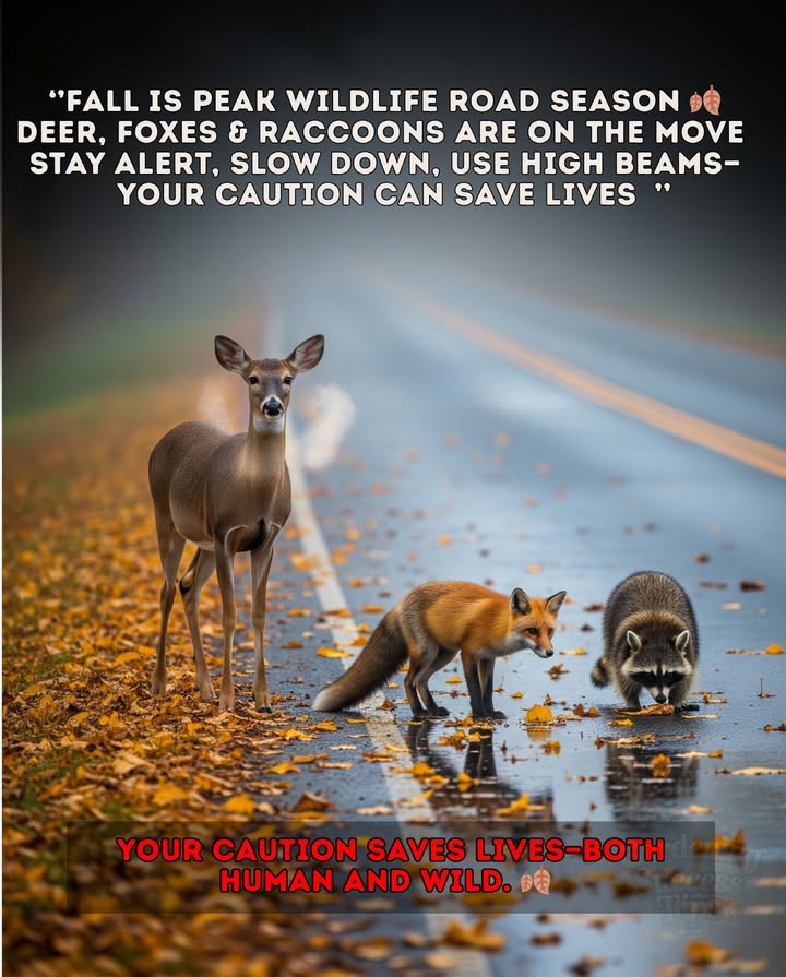 Fall is the season  
when the wild begins to move.   
Deer cross misty highways,  
foxes dart through headlights,  
and raccoons wander searching for food. 歷力  

Stay alert, slow down,  
and use your high beams where its safe.  
One second of caution  
can save a life  
theirs and yours.