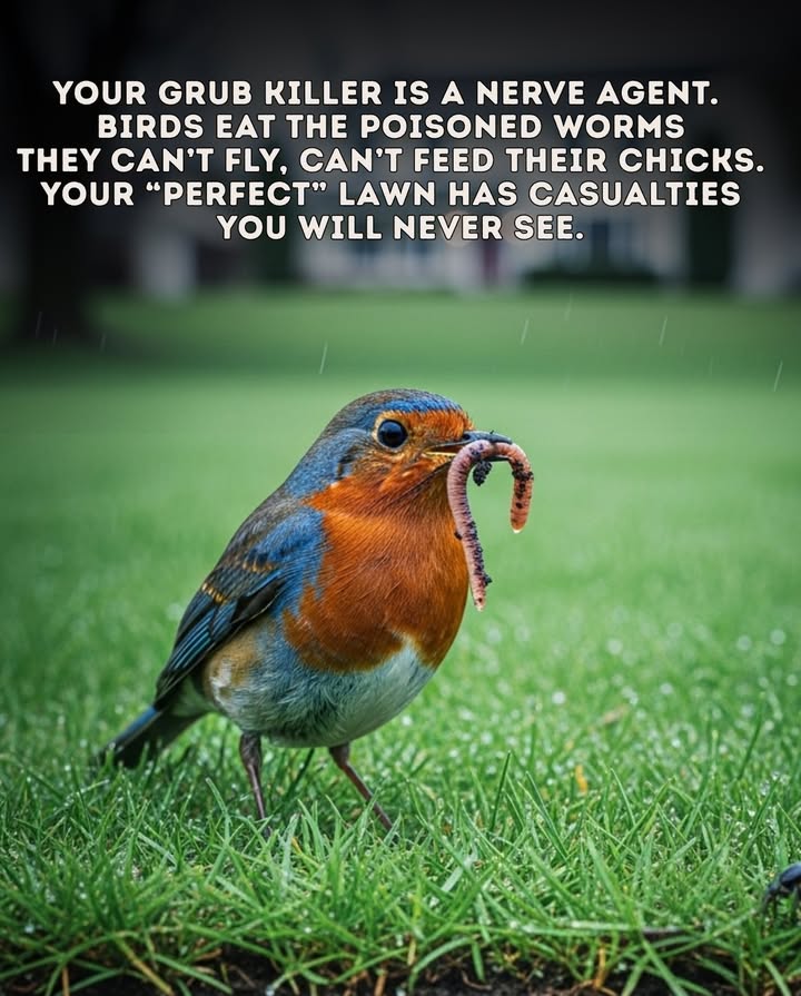 Grub-control lawn products often contain neurotoxic pesticides  
that target soil insectsbut the effects dont stop there.  
Birds feeding on poisoned earthworms or beetles  
absorb the same toxins, leading to paralysis and death.  

One perfect lawn treatment  
can ripple through an entire food chain  
from soil to songbird to nest.  
A green lawn is not worth a silent spring.   
Choose organic or skip the chemicals altogether.