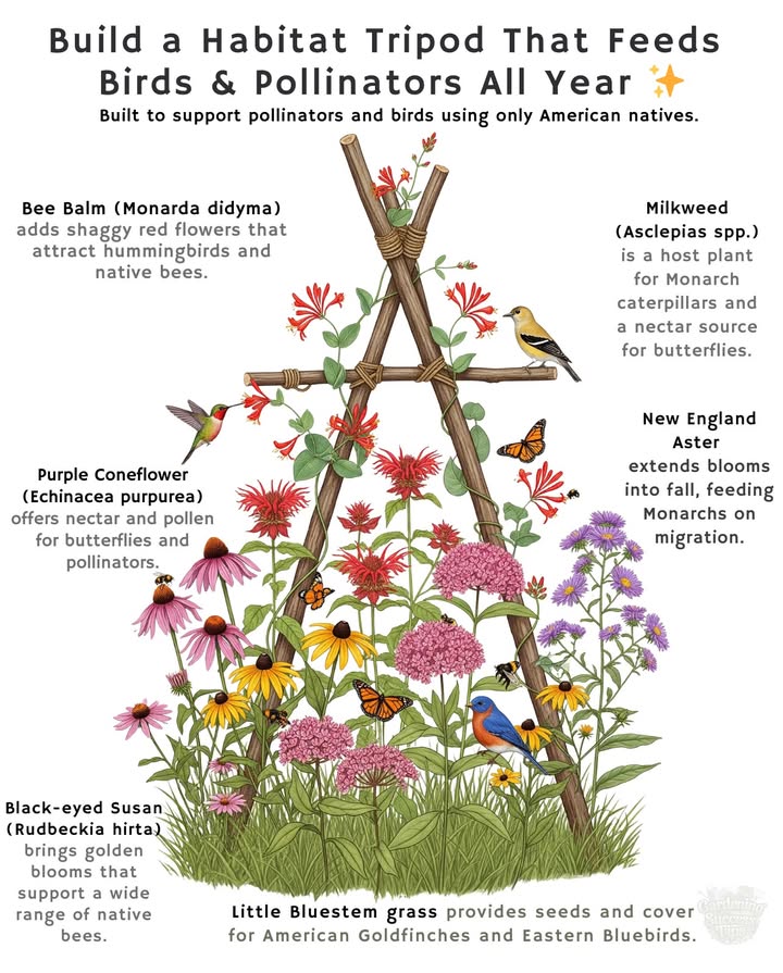蝹 Build a Habitat Tripod for Birds & Pollinators U.S. Native Edition
Turn a simple tripod into a mini sanctuary for wildlife in your garden!
Zones: 49 adaptable with similar native climbing  nectar plants.

 Coral Honeysuckle Lonicera sempervirens  climbs the tripod and provides nectar for Ruby-throated Hummingbirds.
 Bee Balm Monarda didyma  mid-height blooms that attract native bees and butterflies.
 Purple Coneflower Echinacea purpurea  supports pollinators and feeds Monarch butterflies.
 Milkweed Asclepias spp.  host plant for Monarch caterpillars and nectar for butterflies.
 Little Bluestem grass Schizachyrium scoparium  provides seeds and cover for American Goldfinches and Eastern Bluebirds.

 A tripod like this offers food, shelter, and protectionall in one natural feature. Perfect for creating a thriving, wildlife-friendly U.S. garden year-round! 曆