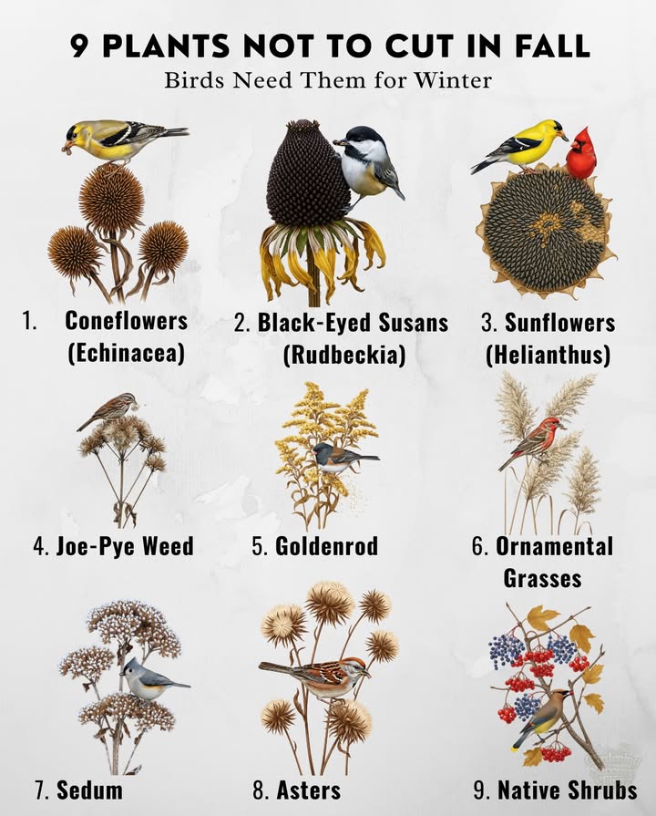 9 Plants Not To Cut in Fall: Birds Need Them for Winter

1 Coneflowers Echinacea
 Leave seed heads standing through winter.
 Cut back only in early spring.

2 Black-Eyed Susans Rudbeckia
 Keep dark seed heads until late winter.
 Goldfinches & chickadees feed on them.

3 Sunflowers Helianthus
 Large seed heads = natural bird feeders.
 If stalks flop, lay them down or prop up.

4 Joe-Pye Weed Eutrochium
 Tall seed heads feed small birds.
 Foliage adds snow-cover shelter.

5 Goldenrod Solidago
 Keep stems and seeds all winter.
 Sparrows & juncos rely on them.

6 Ornamental Grasses Miscanthus, Panicum, etc.
 Dont cut back until spring.
 Provide seeds, shelter, & winter interest.

7 Sedum Autumn Joy
 Leave dried flower heads intact.
 Birds love seeds; adds frosty texture.

8 Asters
 Leave uncut until spring.
 Birds feed on their small seeds.

9 Native Shrubs with Berries Viburnum, Dogwood, Elderberry
 Keep berries for winter food.
 Only prune weak or diseased branches.