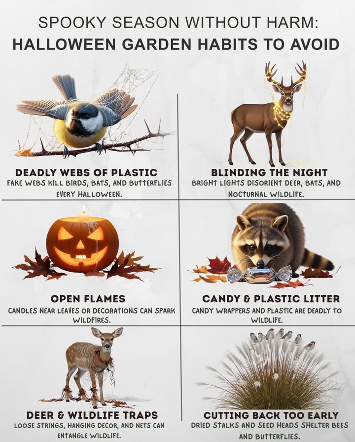Halloween Habits That Harm Wildlife

 Deadly Plastic Webs  Trap birds and bats. Skip or hang high.
 Blinding Lights  Disorient deer and migrating birds. Use soft amber lanterns.
 Trapping Decor  Loose strings can ensnare animals. Keep decor tight and off trails.
 Candy Wrappers Poison  Collect litter and choose compostable packaging.
 Open Flames Risk  Candles can ignite leaves. Use LED or solar instead.
 Non-Decomposable Props  Foam tombstones never break down. Opt for stone or wood.
 Early Plant Cuts Destroy Shelter  Leave stalks until spring for bees and butterflies.

 This Halloween, let the only scares be pretend. Protect the wildlife that shares your garden!

#HalloweenGarden #WildlifeFriendly #SpookySeason