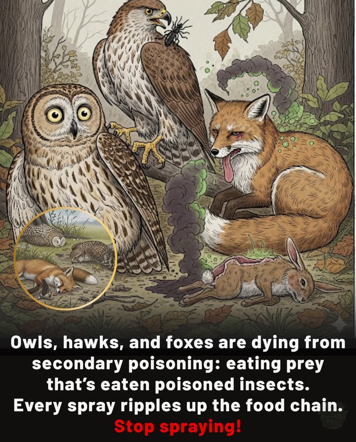 Owls, hawks, and foxes are dying from secondary poisoningwhen they eat prey that has eaten poisoned insects.
 Every spray ripples up the food chain.

 Stop spraying. Choose balance, not toxins.