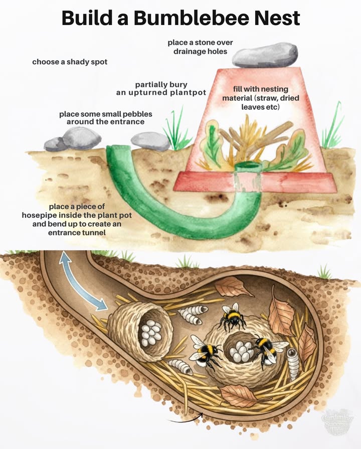 How to Build a Bumblebee Nest in Your Garden 
1. Choose a shady spot  Pick a cool, sheltered area in your garden.
2. Bury an upturned pot  Place a terracotta pot upside down in a shallow hole, with drainage holes at the top.
3. Cover drainage holes  Use a stone to block rainwater but keep airflow.
4. Add nesting material  Fill with straw, dried leaves, or moss.
5. Make an entrance tunnel  Insert a bent hosepipe into the pot for bee access.
6. Camouflage the entrance  Place small pebbles around the hose opening for a natural look.

#SaveTheBees #BumblebeeConservation #PollinatorFriendly
