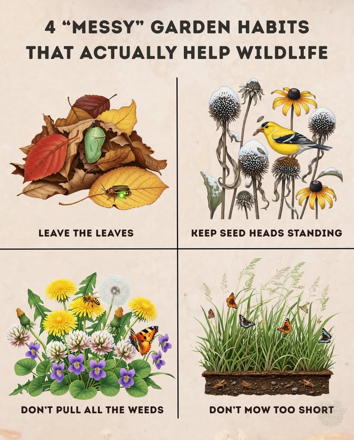 10 Messy Garden Habits That Actually Help Wildlife
 Sometimes less work = more life in your garden.

1. Leave the Leaves
 Butterflies  fireflies overwinter in leaf litter.

2. Keep Seed Heads Standing
 Natural food for birds all winter long.

3. Dont Pull All the Weeds
 Clover, dandelions, and violets feed pollinators.

4. Dont Mow Too Short
 Taller grass = insect habitat  soil protection.