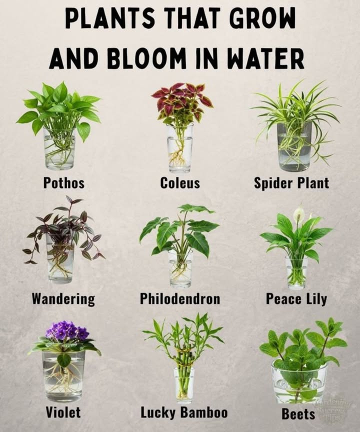Plants That Grow and Bloom in Water 
1. Pothos 
Pothos is one of the easiest houseplants to grow in water. Its low-maintenance and its trailing vines make it a great option for any space.

2. Coleus 
With its vibrant foliage, coleus can easily grow in water. Its colorful leaves are sure to add a burst of beauty to your indoor garden.

3. Spider Plant 
Known for its air-purifying qualities, the spider plant thrives in water and produces charming baby plants that dangle from the main plant.

4. Wandering Jew 
The wandering jew plant has beautiful striped leaves and can be grown in water, making it a unique addition to any room.

5. Philodendron 
A favorite for water propagation, philodendrons are simple to care for and will add lush greenery to your home.

6. Peace Lily 
Peace lilies are not only stunning with their white blooms but can also thrive in water, adding elegance to any space.

7. Violet 
African violets can bloom in water and are a great choice if youre looking for a pop of color in your home with very little maintenance.

8. Lucky Bamboo 
Known for its good luck symbolism, lucky bamboo is easy to grow in water and adds a peaceful vibe to your home decor.

9. Beets 
Beets are not only delicious but can also be grown in water. Theyll not only thrive but offer the possibility of harvesting your own greens.

Pro Tips for Growing Plants in Water:

Change the water every 1-2 weeks to keep it fresh.

Place your plants in indirect sunlight for the best growth.

Add a liquid houseplant fertilizer every month to nourish the roots.