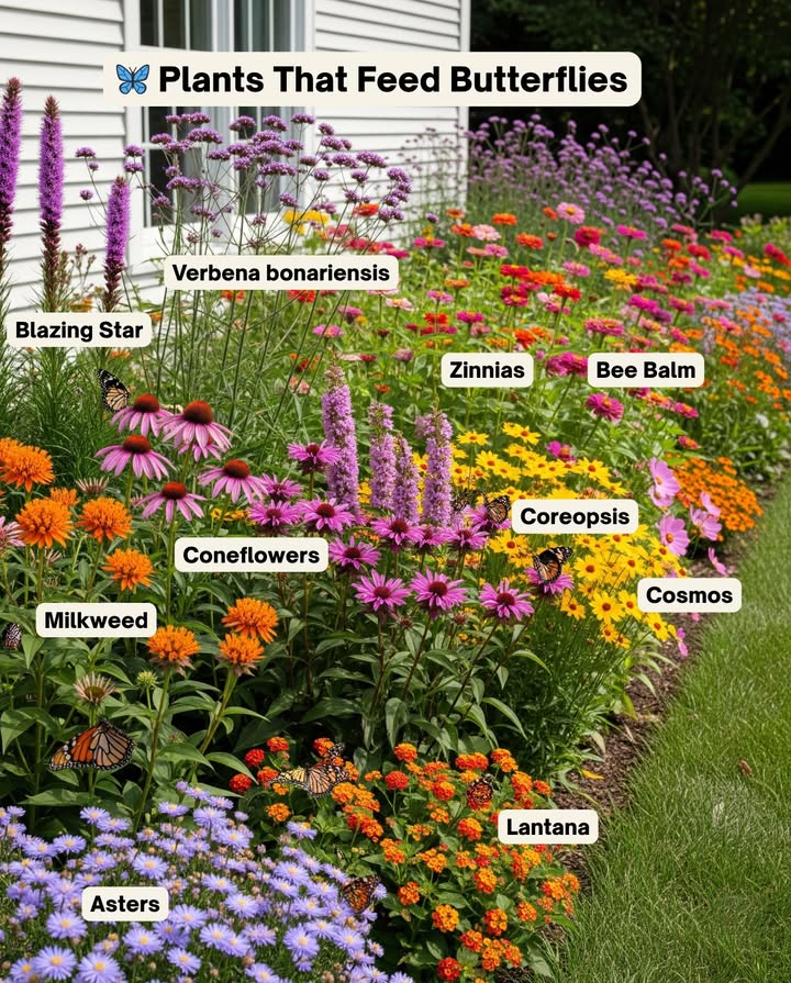 曆 Plants That Feed Butterflies 
Native Must-Haves for Monarchs  Pollinators:
1. Milkweed Asclepias spp.  Zones 39: Monarch host & nectar. Plant in spring.
2. Coneflower Echinacea purpurea  Zones 39: Long nectar season. Plant in spring or fall.
3. Bee Balm Monarda spp.  Zones 39: Loved by hummingbirds & butterflies. Plant in spring.
4. Blazing Star Liatris spicata  Zones 39: Spiky blooms, a Monarch favorite. Plant in spring or fall.
5. Coreopsis Coreopsis spp.  Zones 49: Native yellow nectar source. Plant in spring.
6. Asters Symphyotrichum spp.  Zones 38: Late-season fuel for migrating butterflies. Plant in spring or fall.

Popular Extras:
7. Zinnias Zinnia spp.  Annual: Attracts Swallowtails & Painted Ladies. Sow in spring after frost.
8. Cosmos Cosmos bipinnatus  Annual: Airy blooms & nonstop nectar. Sow in spring.
9. Verbena Verbena bonariensis  Zones 711: Butterfly magnet. Plant in spring.
10. Lantana Lantana camara  Zones 811: Clusters of blooms loved by all butterflies. Plant in spring.

 Choose native plants for resilience and colorful extras for nonstop nectar!