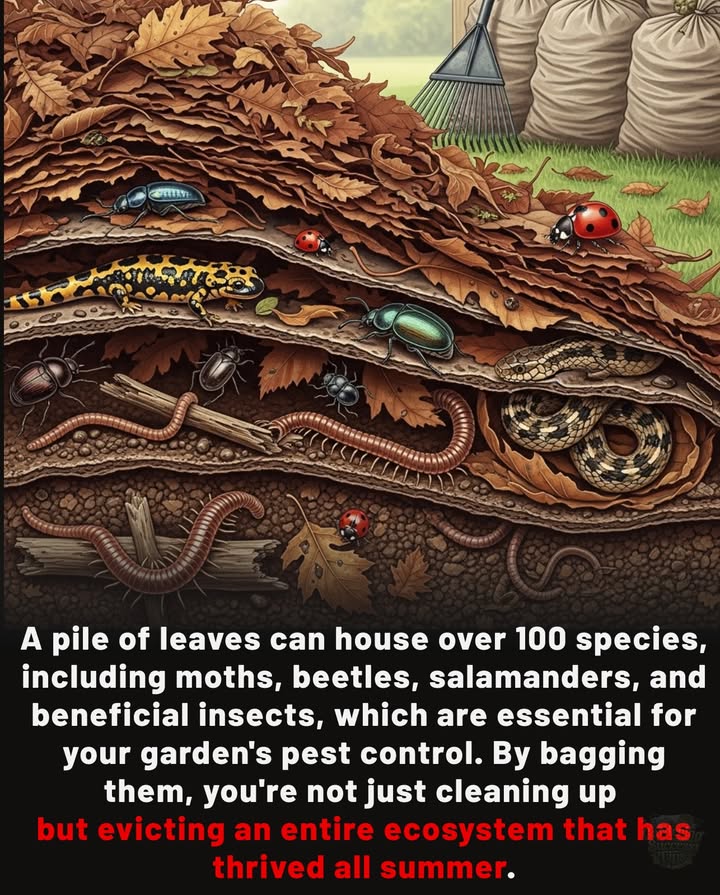 A Pile of Leaves = A Living City
One leaf pile can shelter 100 species: moths, beetles, salamanders, earthworms, millipedes, spiders, and pollinators overwintering in safety.
 Bagging them doesnt just tidy up  it evicts an entire ecosystem your garden relies on for pest control, pollination, and soil health.

 Leave the leaves. Protect the life beneath.