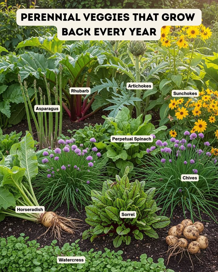 Plant once, harvest for years  these hardy vegetables return each season, saving effort while keeping your garden productive and full of life.

 Asparagus  Zones 310, spring spears that keep producing for decades.
 Rhubarb  Zones 38, tangy red stalks for pies and preserves.
 Artichokes  Zones 711, striking plants with edible flower buds.
 Sunchokes Jerusalem Artichokes  Zones 39, tall sunflower relatives with nutty roots.
 Perpetual Spinach  Zones 510, cut-and-come-again greens all season long.
 Chives  Zones 39, mild onion flavor with purple blooms for pollinators.
 Sorrel  Zones 49, lemony leaves for salads and soups.
 Horseradish  Zones 39, spicy roots that spread easily once established.
 Watercress  Zones 59, peppery greens thriving in moist soil or shallow water.

 Tip: Choose a sunny, well-drained spot  most perennial veggies return stronger each year when divided every few seasons.