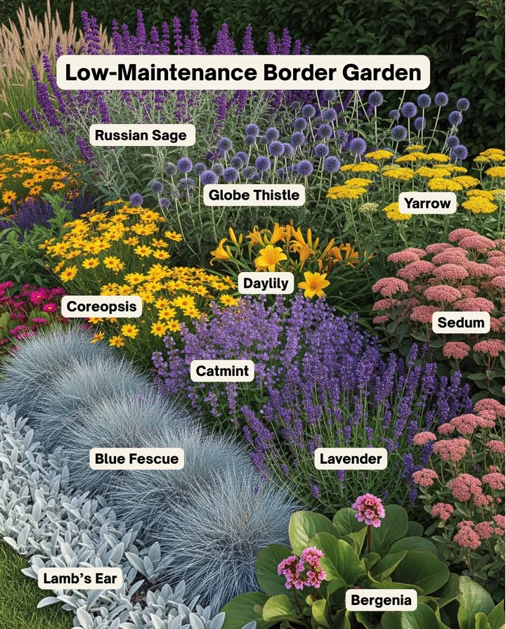 Easy, Colorful, Non-Invasive Perennials 

1. Catmint: Long bloom season, drought-tolerant & pollinator-friendly. 
2. Coreopsis Moonbeam: Heat-loving, golden flowers, minimal care.
3. Russian Sage: Silvery stems with airy purple blooms; thrives in poor soil & drought.
4. Sedum Autumn Joy: Bold fall color, nectar-rich for butterflies. 曆
5. Lambs Ear Silver Carpet: Soft silver foliage, perfect for edging.
6. Daylily Stella de Oro: Compact, long-blooming, low maintenance. 
7. Lavender: Fragrant mounds with purple blooms; drought-tolerant & pollinator-friendly. 
8. Globe Thistle: Striking blue flowers; a favorite for bees & butterflies. 曆
9. Yarrow: Hardy clumping cultivars, excellent for cutting.
10. Blue Fescue: Evergreen grass; neat mounds for texture.
11. Bergenia: Bold evergreen leaves & spring blooms; great groundcover.

Transform your garden with these beauties!