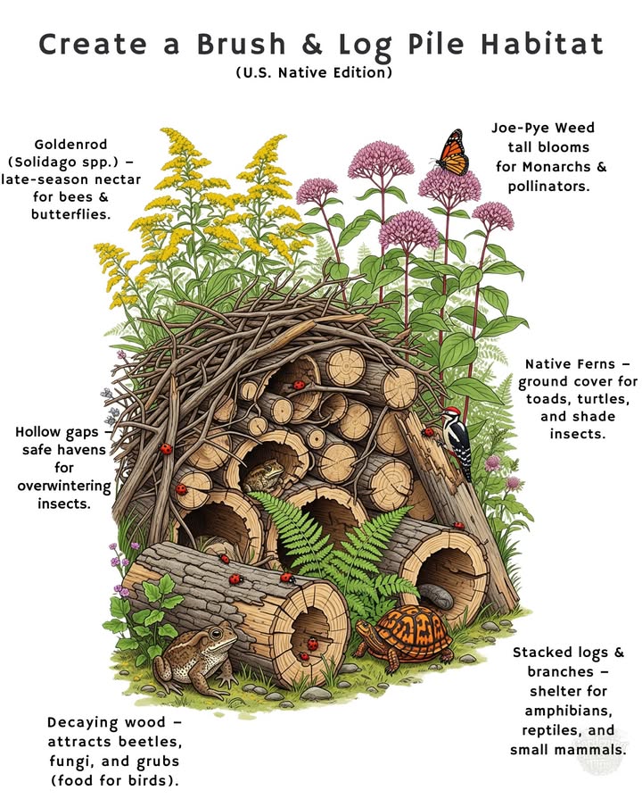 蝹 Build a Brush & Log Pile for Wildlife
Turn fallen wood into a thriving natural shelter! This simple garden feature provides food, cover, and nesting sites for countless species.
Zones: 49 adaptable with local wood & plants.

 Stacked logs & branches  hideouts for amphibians, reptiles, and small mammals.
 Decaying wood  home for beetles, fungi, and insect larvae food for birds.
 Hollow spaces  overwintering shelter for butterflies and beneficial insects.
 Goldenrod  blooms late, feeding bees and migrating butterflies.
 Joe-Pye Weed  tall nectar-rich flowers for Monarchs and pollinators.
 Native ferns  shady cover for toads and turtles.

 A brush pile turns a forgotten corner into a mini-ecosystemperfect for a healthy, wildlife-friendly garden. 曆