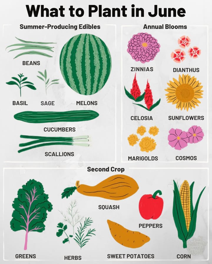 What to Plant in June
Keep your garden growing strong with these perfect picks for June:

Summer Edibles:
 Beans, Basil, Sage, Melons
 Cucumbers, Scallions

Annual Flowers:
 Zinnias, Celosia, Cosmos
 Marigolds, Sunflowers, Dianthus

Second Crop Options:
 Squash, Peppers, Sweet Potatoes, Corn
 Herbs & Leafy Greens

Right plants, right time = thriving summer garden! 

#JunePlanting #GrowYourOwnFood #SummerGarden