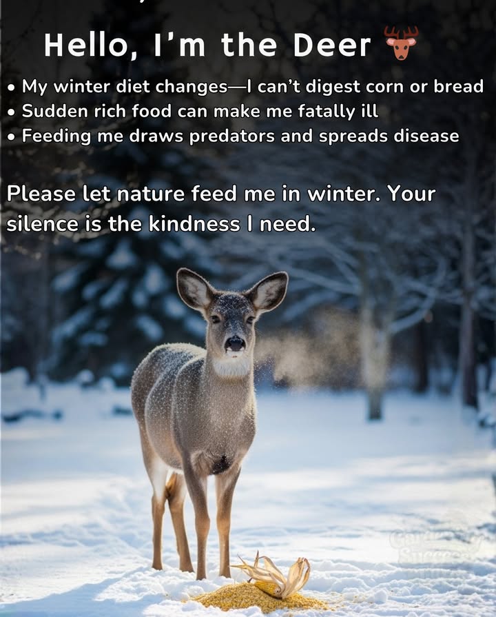 Feeding deer in winter can kill them. 歷  
Their stomachs cant digest corn or bread after months of eating woody plants.  
Sudden rich food causes fatal acidosis and bloating.  
Feeding also draws predators and spreads disease.  
Help by planting native shrubs and leaving nature to feed them.