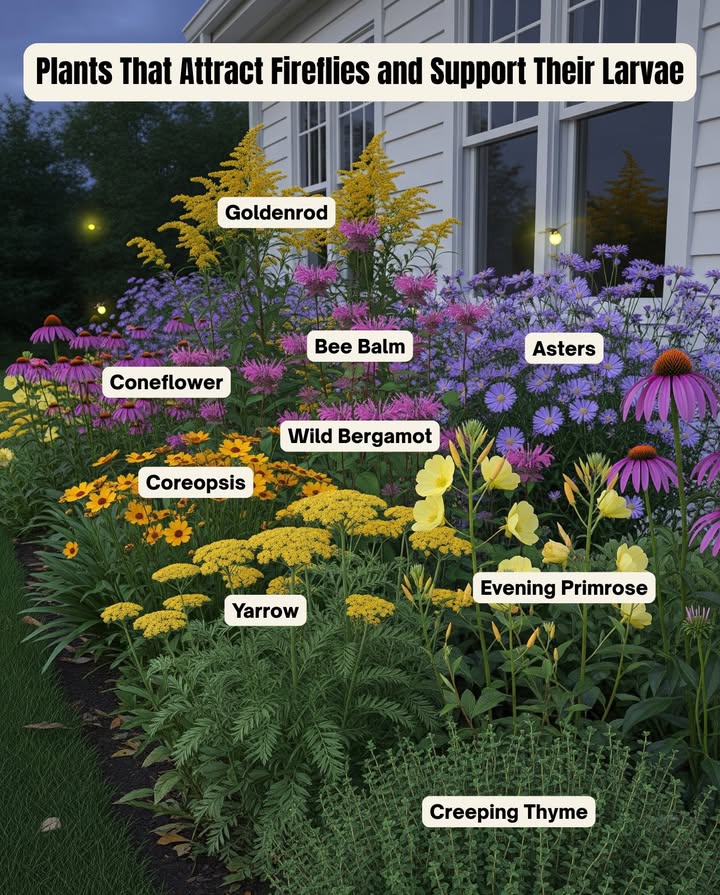 Create a firefly haven in your garden!  Fireflies thrive on nectar-filled flowers and moist groundcover. Here are the best plants: 
 Goldenrod Zones 39  Late blooms for adults.  
 Coreopsis Zones 49  Bright summer flowers.  
 Bee Balm Zones 39  Attracts both fireflies and hummingbirds.  
 Yarrow Zones 39  Provides habitat cover.  
 Evening Primrose Zones 49  Night-blooming delight.  
 Coneflower Zones 39  Nectar and seeds for birds.  
 Creeping Thyme Zones 49  Moist groundcover for larvae.  
 Asters Zones 38  Fall blooms for late nectar.  
 Wild Bergamot Zones 38  A firefly favorite!  

 Pro Tip: Keep damp soil and leaf litter, and avoid pesticides to support firefly larvae living underground for up to 2 years!