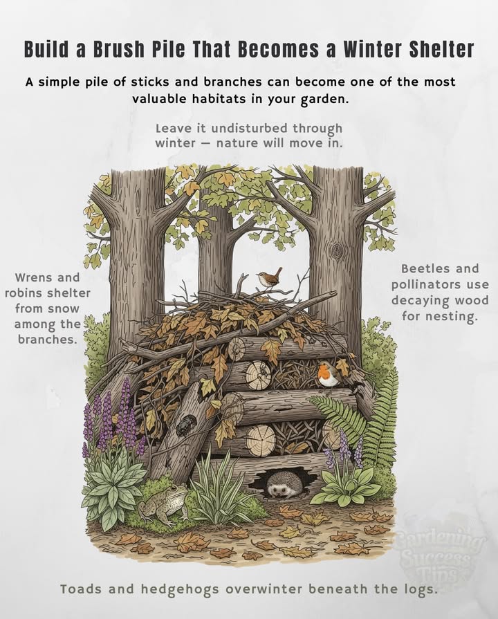 蝹 Build a Brush Pile That Becomes a Winter Shelter
A simple pile of sticks and branches can become one of the most valuable habitats in your garden.

How to build it:
 Stack larger logs or branches at the base for air gaps.
 Add medium twigs and smaller sticks on top.
 Fill gaps with leaves, bark, and straw.
 Place it in a quiet, shaded corner.

Who moves in:
 Wrens, robins, and sparrows find shelter from wind and snow.
 Toads, frogs, and small mammals overwinter safely inside.
 Beetles and pollinators use the decaying wood for nesting.

 Leave it undisturbed through winter. By spring, it becomes a thriving mini-ecosystem that recycles nutrients and supports wildlife.
