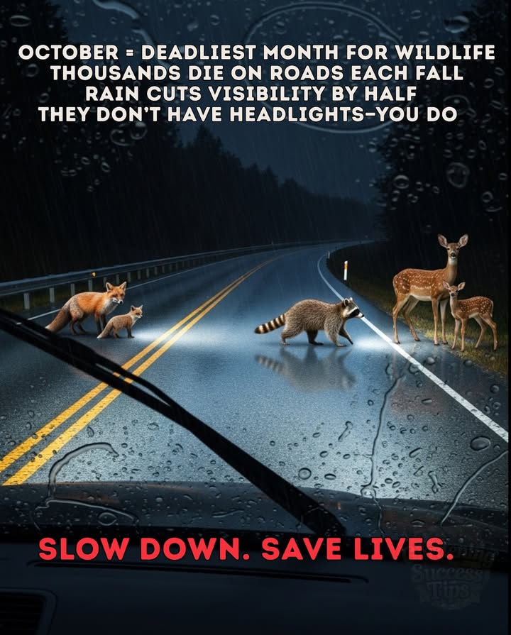 Its easy to forget on a rainy night: you see the road, but animals dont. 

In the dark and drizzle, wildlife is on the move:
歷 Deer mating season = reckless behavior
劣 Raccoons foraging before winter
力 Foxes teaching young to hunt
令 Skunks searching for dens
 Squirrels hoarding food

OCTOBER = DEADLIEST MONTH:
– Thousands animals killed in fall alone
– Rain makes them invisible
– Your visibility drops 50%
– Wet roads = longer stopping distance

SLOW DOWN. SAVE LIVES.
 Reduce speed by 10-15 mph in rain
 Scan road edges constantly
 Use high beams when safe
 If you see one animal, expect more
 Brake firmly, dont swerve

They dont know what headlights mean; they just know fear.