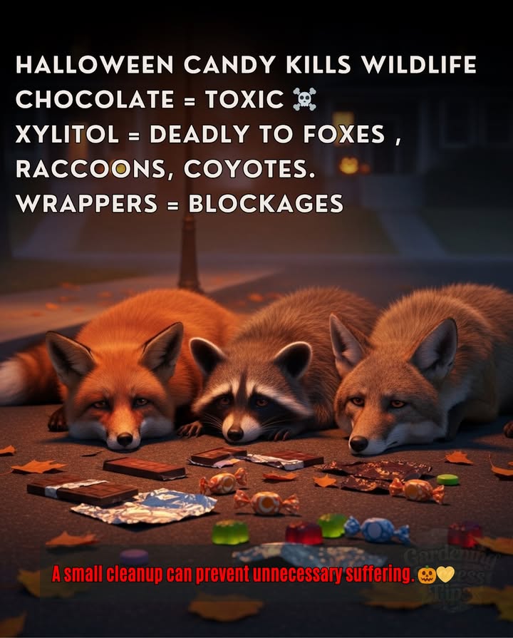 ER visits for wildlife poisoning spike 400% after Halloween.  
 Halloween candy is deadly to wildlife.   
 Chocolate contains theobromine, which poisons foxes, raccoons, and coyotes.  
 Sugar-free candy with xylitol is even more lethal to canines.  
 Wrappers cause intestinal blockages, and sugar harms the liver.  
Pick up dropped candy, secure trash, and never toss leftovers outside. 力