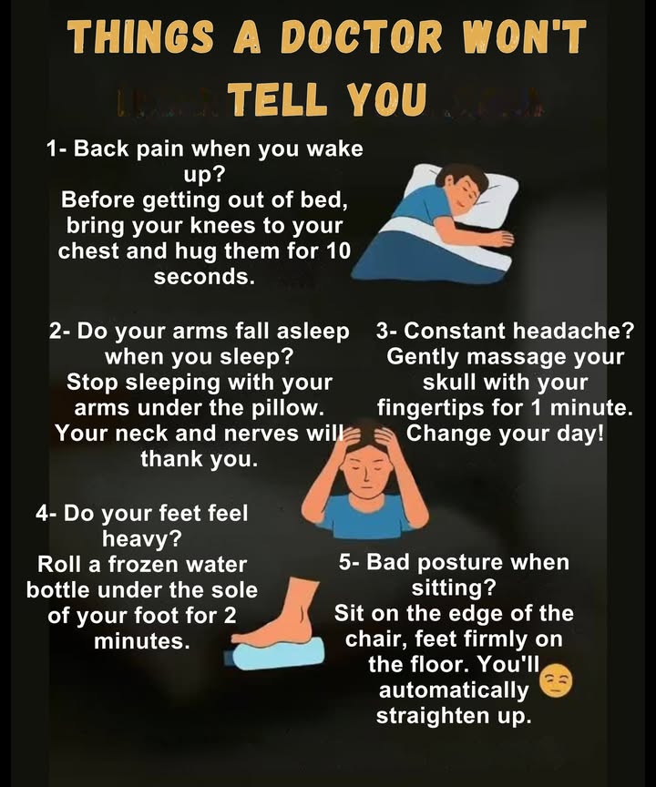 Body Tips to Relieve Common Ailments

Small adjustments to your routine can make a difference in your daily physical well-being.

1 Back Pain Upon Waking
Before getting up, bring your knees to your chest and hug them for 10 seconds. It helps relax your lower back.

2 Numbness in Your Arms While Sleeping
Avoid placing your arms under the pillow. This reduces pressure on your neck and nerves.

3 Frequent Headaches
Gently massage your scalp with your fingertips for one minute. It promotes circulation and relaxation.

4 Feeling of Heavy Feet
Roll a frozen water bottle under the sole of your foot for 2 minutes. It improves circulation and relieves tension.

5 Poor sitting posture
Sit on the edge of your chair with your feet firmly planted on the floor. This promotes a more naturally upright posture.