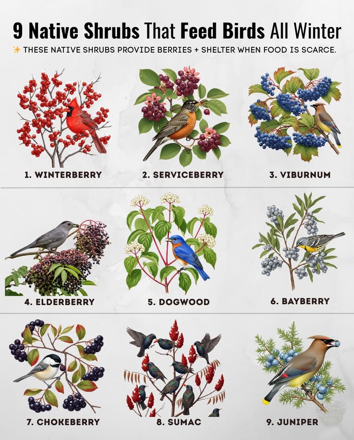 These native shrubs provide berries and shelter through the coldest months, keeping birds fed when food is scarce.
1. Winterberry Ilex verticillata  Zones 39  Bright red berries shine against snow.
 Plant in spring or early fall.
2. Serviceberry Amelanchier spp.  Zones 49  Fruits feed robins, cardinals, and thrushes.
 Plant in spring or fall.
3. Viburnum V. dentatum & others  Zones 29  Clusters of berries for dozens of bird species.
 Plant in spring or fall.
4. Elderberry Sambucus canadensis  Zones 39  Late-summer fruit stripped quickly by birds.
 Plant in spring or fall.
5. Dogwood Cornus sericea, C. florida  Zones 38  Berries plus colorful winter stems.
 Plant in spring or fall.
6. Bayberry Myrica pensylvanica  Zones 37  Waxy berries feed migrating warblers.
 Plant in spring.
7. Chokeberry Aronia spp.  Zones 38  Tart berries persist into deep winter.
 Plant in spring or fall.
8. Sumac Rhus typhina  Zones 39  Red clusters stand tall even in snow.
 Plant in spring.
9. Juniper Juniperus virginiana  Zones 29  Blue berries loved by cedar waxwings.
 Plant in spring or fall.

 Plant natives in spring or fall  support birds , pollinators , and a thriving backyard ecosystem .