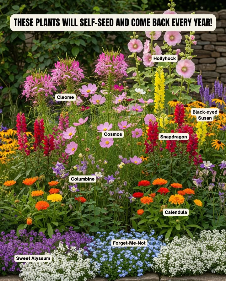 These Flowers Will Self-Seed and Return Every Year{
A little patience pays off  once planted, these beauties drop their own seeds and bloom again season after season. Less replanting, more color.

 Calendula  Zones 211, orange-yellow blooms; cool-season reseeder.
 Black-Eyed Susan  Zones 39, golden daisies; spreads easily by seed.
 Columbine  Zones 39, spring color; thrives in partial shade.
 Cleome  Zones 910, tall pink-purple clusters; butterfly magnet.
 Snapdragon  Zones 711, colorful spikes; drops seeds freely.
 Sweet Alyssum  Zones 59, low honey-scented blooms.
 Hollyhock  Zones 38, tall cottage favorite; reseeds reliably.
 Cosmos  Zones 211, feathery foliage  nonstop summer color.
 Forget-Me-Not  Zones 38, tiny blue blooms; naturalizes easily.

 Tip: Let the last blooms dry and fall  nature will handle the reseeding for you.