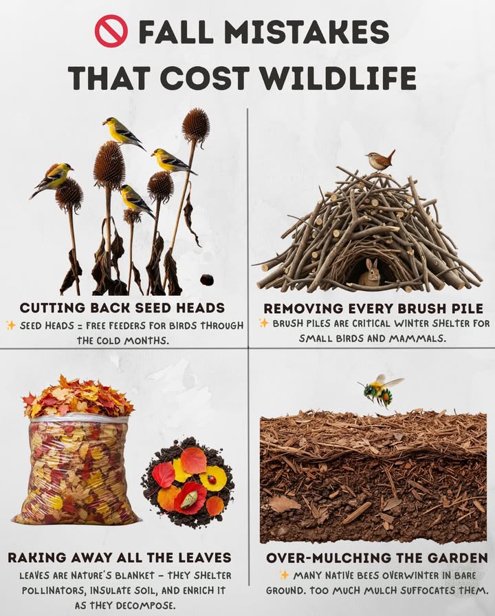 Fall Wildlife Mistakes to Avoid! 
1. Cutting back seed heads too soon: They provide food for winter birds like finches and chickadees.
2. Over-mulching: Native bees need bare ground to overwinter; too much mulch suffocates them.
3. Removing brush piles: They offer vital shelter for small birds and mammals.
4. Raking away all leaves: Leaves insulate soil and shelter pollinators like butterflies and bees. 

Lets keep our wildlife thriving this season!