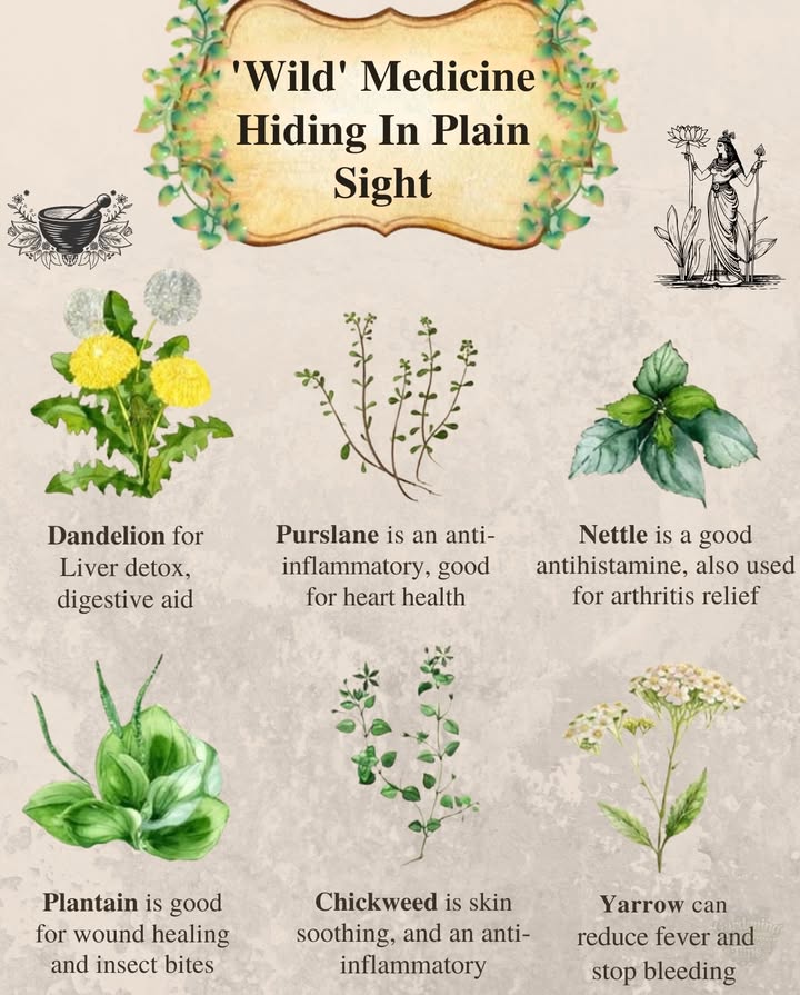 These wild plants often grow unnoticed, yet theyve been trusted for centuries in herbal medicine. Learning to recognize them means adding powerful allies to your natural first aid and wellness kit. 
1. Dandelion  Natural detox for liver and aids digestion.
2. Purslane  Anti-inflammatory and supports heart health.
3. Nettle  A natural antihistamine, also eases arthritis pain.
4. Plantain  Excellent for wound healing and soothing insect bites.
5. Chickweed  Calms skin irritation and helps reduce inflammation.
6. Yarrow  Reduces fever and helps stop bleeding.