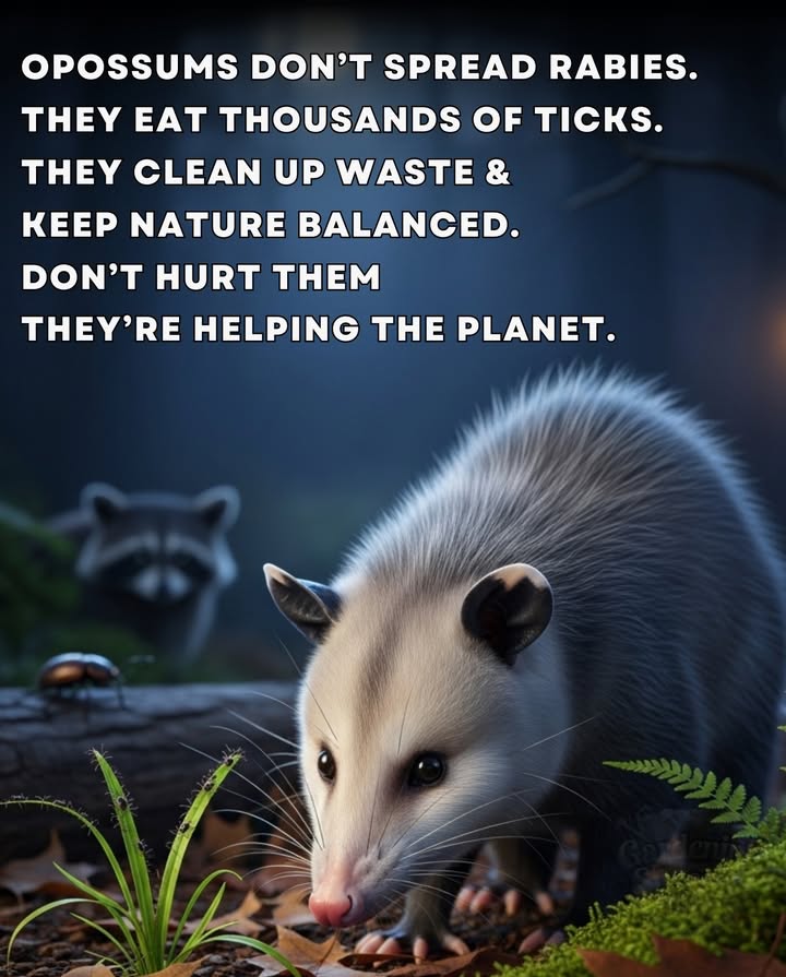 Opossums are often misunderstood  
but play a vital role in healthy ecosystems.  
They eat thousands of ticks each week,  
reducing the spread of tick-borne diseases.  
They also feed on carrion and waste,  
helping to naturally clean their environment.  

Unlike many mammals, opossums are highly resistant to rabies.  
Theyre gentle, beneficial, and essential to ecological balance.  
By leaving them unharmed,  
youre protecting natures cleanup crew.